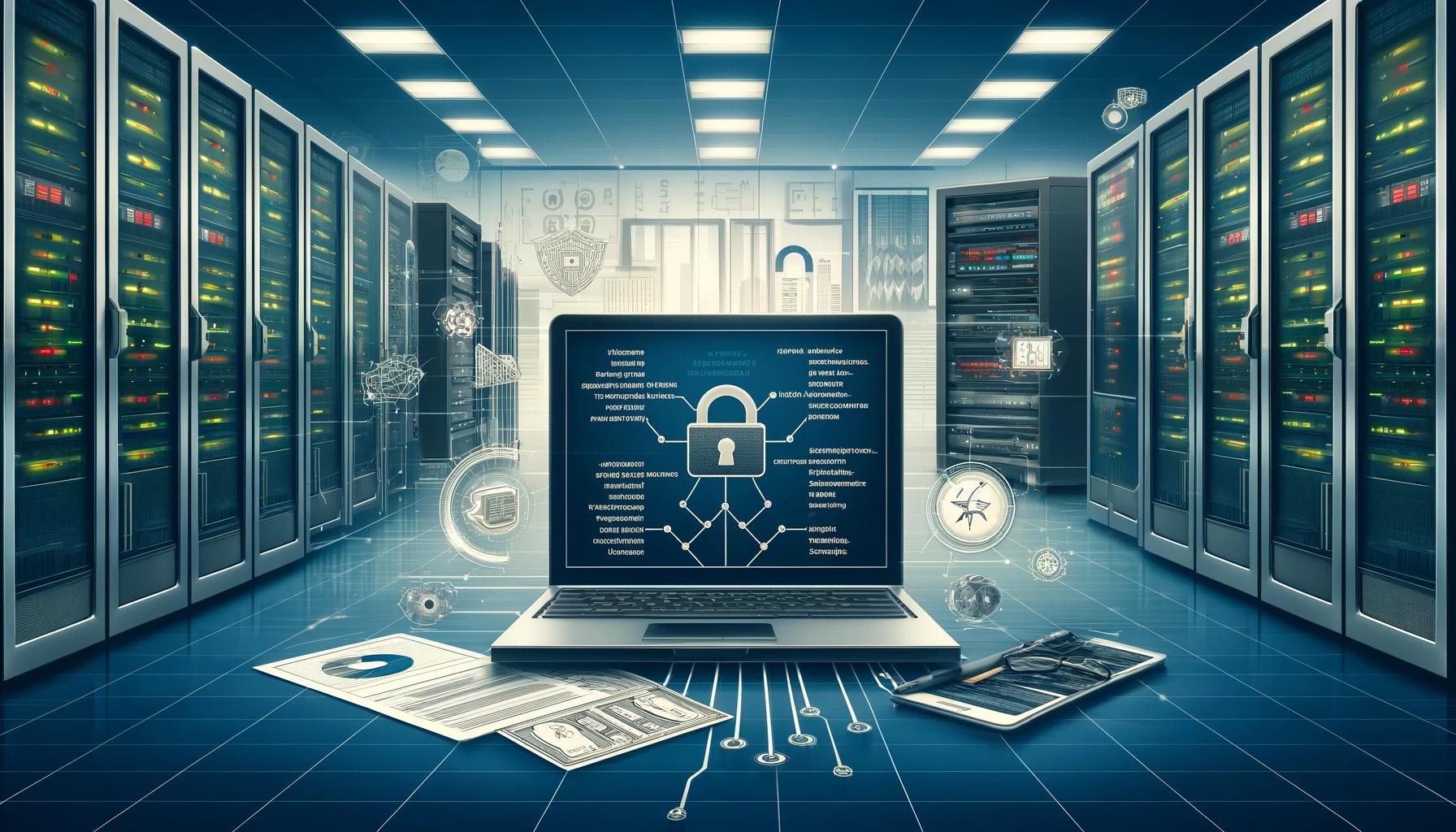 Graphic of a secure laptop in a server room protecting certificates